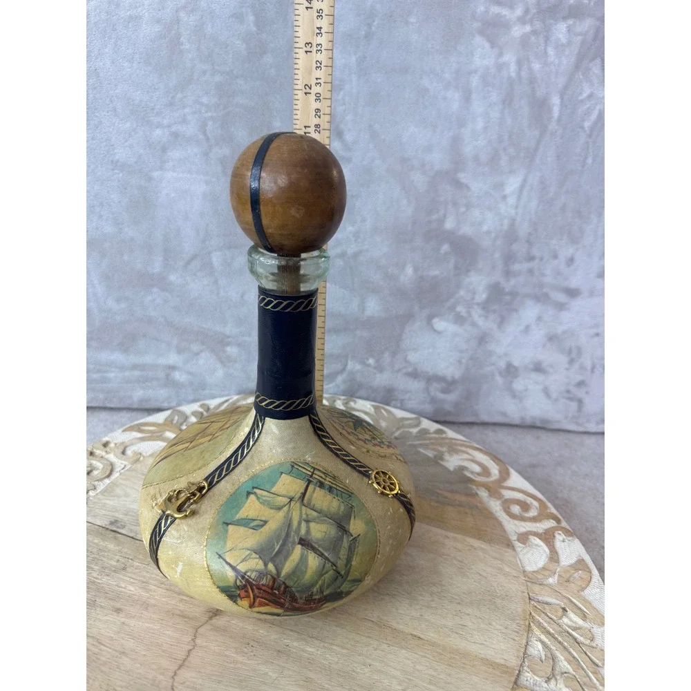 Vintage Italian Leather Wrapped Nautical Decanter Ship CompassWooden Stopper 11